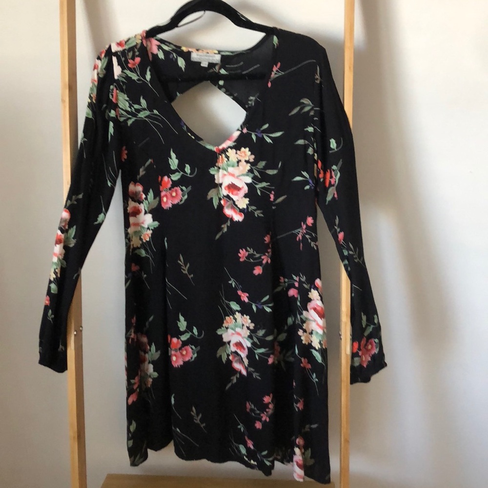 Black floral long sleeve flair dress